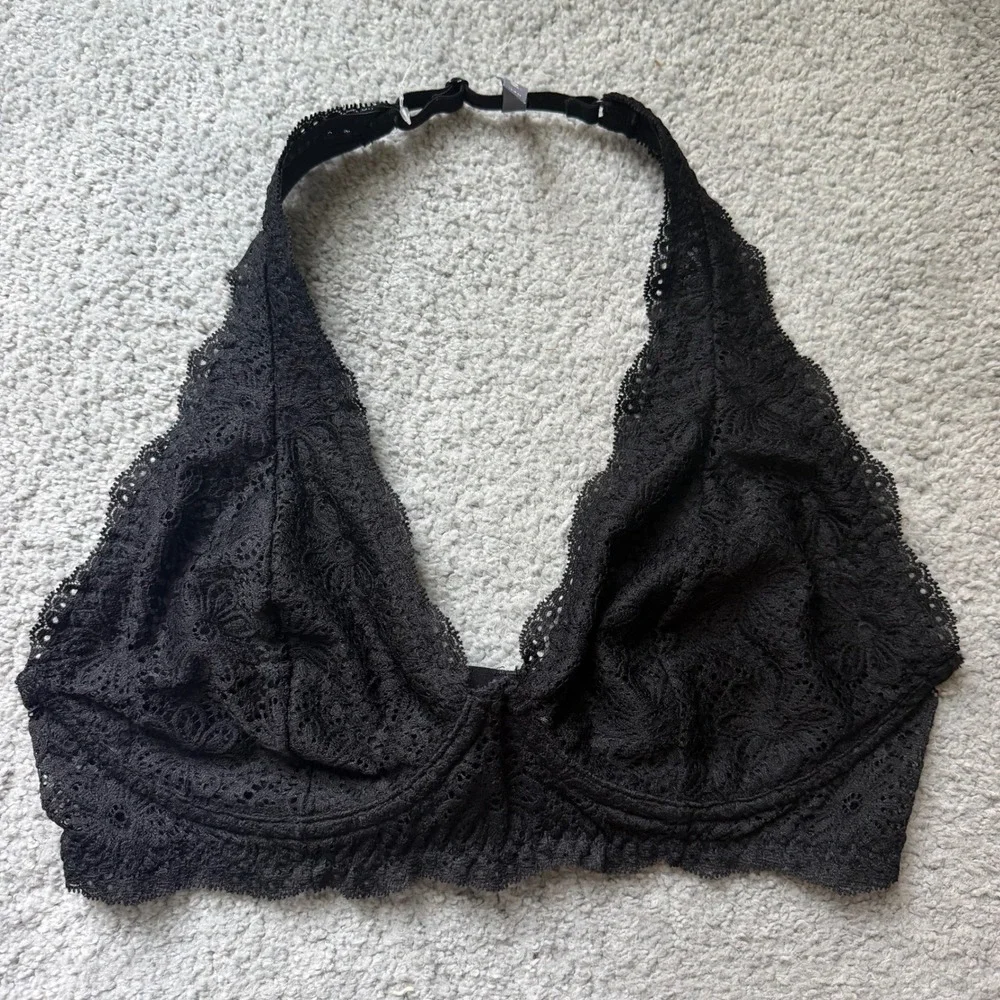 Aerie Black Lace Halter Bra NWT Wire Unlined Plunge Size 34D